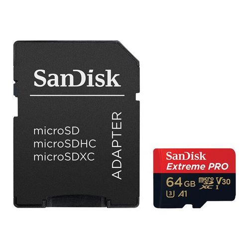 SanDisk Extreme Pro - Carte mémoire flash (adaptateur microSDXC vers SD inclus(e)) - 64 Go - A1 / Video Class V30 / UHS-I U3 - microSDXC UHS-I