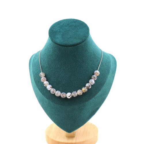 Collier 15 Perles Agate Veines De Dragon 8 Mm. Chaine En Acier Collier Femmes, Hommes. Taille Personnalisable.