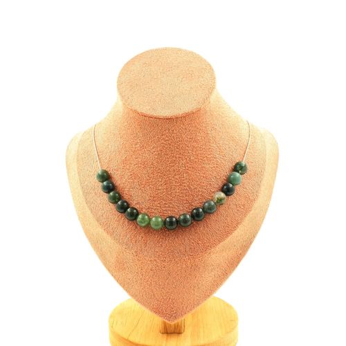 Collier 15 Perles Agate Mousse 8 Mm. Chaine En Acier Inoxydable Collier Femmes, Hommes. Taille Personnalisable.