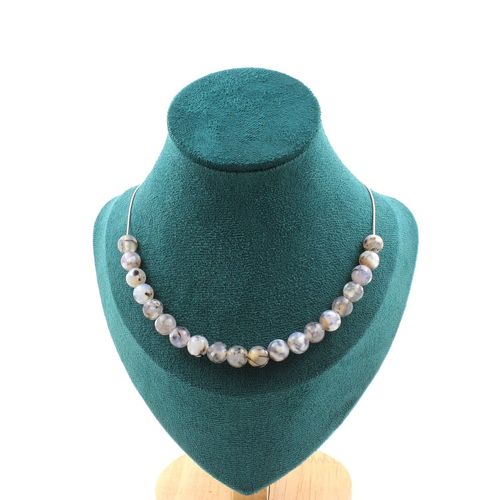 Collier 20 Perles Agate Veines De Dragon 8 Mm. Chaine En Acier Collier Femmes, Hommes. Taille Personnalisable.