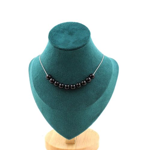 Collier 10 Perles Agate Noire 8 Mm. Chaine En Acier Inoxydable Collier Femmes, Hommes. Taille Personnalisable.