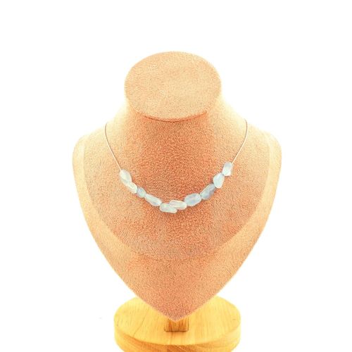 Collier 10 Perles Aigue-Marine Du Brésil. Chaine En Acier Inoxydable Collier Femmes, Hommes. Taille Personnalisable.