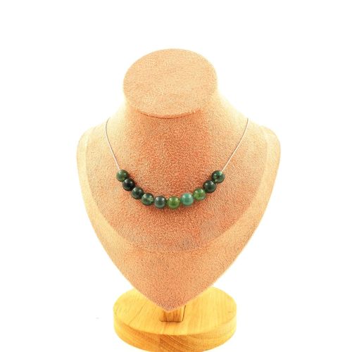 Collier 10 Perles Agate Mousse 8 Mm. Chaine En Acier Inoxydable Collier Femmes, Hommes. Taille Personnalisable.