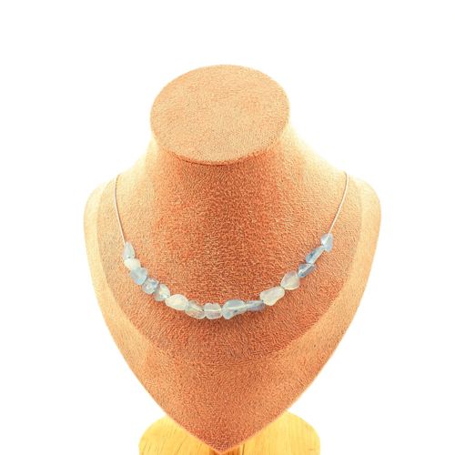 Collier 15 Perles Aigue-Marine Du Brésil. Chaine En Acier Inoxydable Collier Femmes, Hommes. Taille Personnalisable.