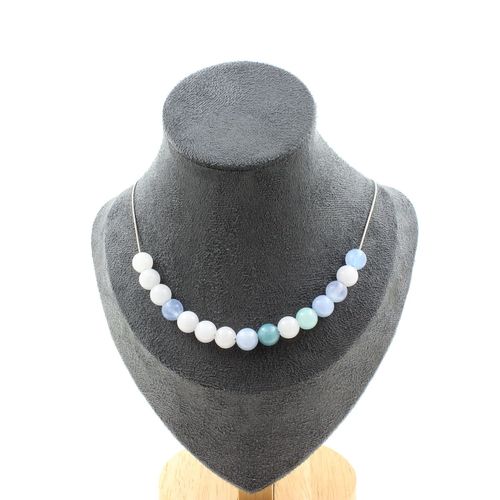 Collier 20 Perles Aigue-Marine 8 Mm. Chaine En Acier Inoxydable Collier Femmes, Hommes. Taille Personnalisable.
