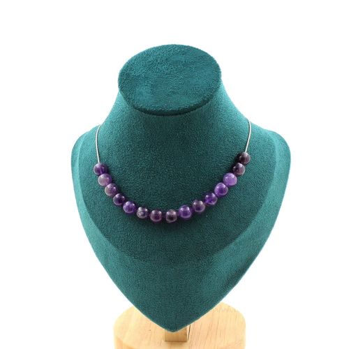 Collier 15 Perles Améthyste 8 Mm. Chaine En Acier Inoxydable Collier Femmes, Hommes. Taille Personnalisable.