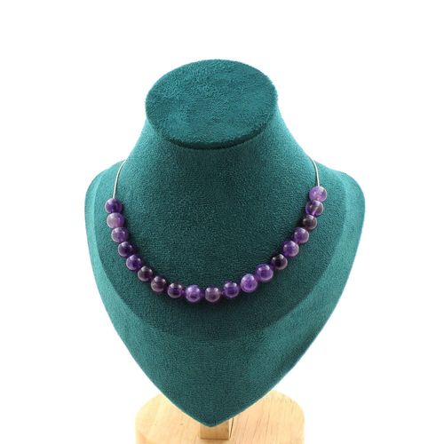 Collier 20 Perles Améthyste 8 Mm. Chaine En Acier Inoxydable Collier Femmes, Hommes. Taille Personnalisable.