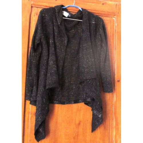 Ample Gilet À Larges Pans K Woman-Noir Maille Pailletée Argent Ajourée-Col Replié Intérieur-Manches Longues-Sans Boutonnage-Taille 46/48-Souple Et Léger-86%Acrylique/9%Polyester/5%Fibre Métallique