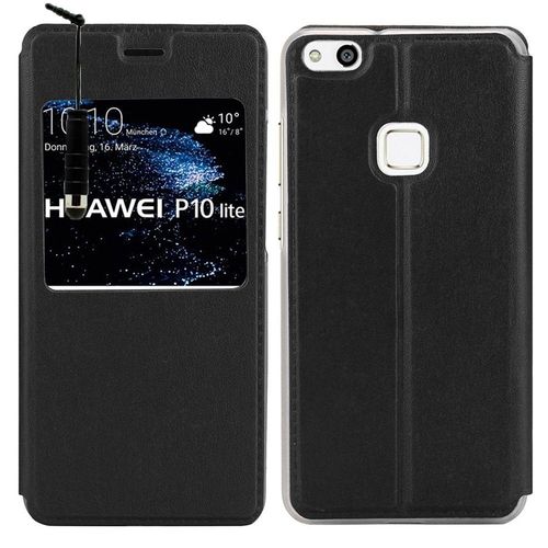 Pour Huawei P10 Lite 5.2" (Non Compatible Huawei P10/ P10 Plus): Etui Housse Coque Pochette Plastique View Case, View Cover, Etui À Rabat - Noir + Mini Stylet