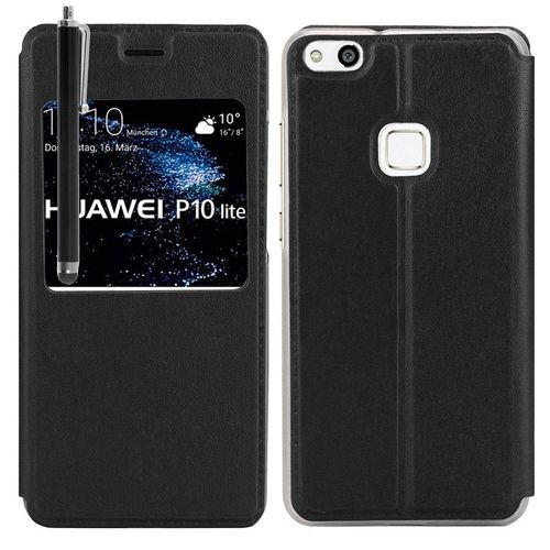 Pour Huawei P10 Lite 5.2" (Non Compatible Huawei P10/ P10 Plus): Etui Housse Coque Pochette Plastique View Case, View Cover, Etui À Rabat - Noir + Stylet