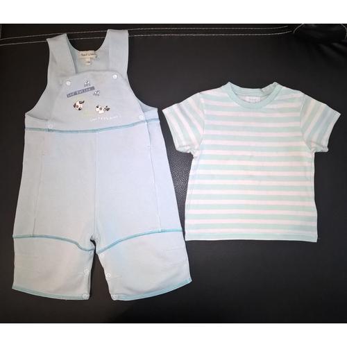 Ensemble Garçon Tex Baby + Bout'chou Salopette Courte + Tee Shirt Coton 24 Mois Bleu Clair