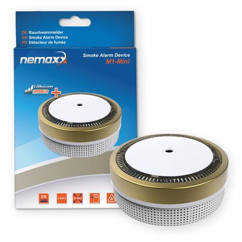 1x Les détecteurs de fumée Nemaxx M1-Mini - sensibles, détecteurs de fumée photoélectrique - avec le type de batterie au lithium DC3V - DIN EN14604 & VdS - or