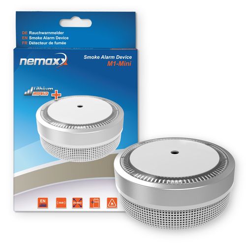 1x Détecteurs de fumée Nemaxx M1-Mini - sensibles, détecteurs de fumée photoélectrique - avec le type de batterie au lithium DC3V - DIN EN14604 & VdS - argent