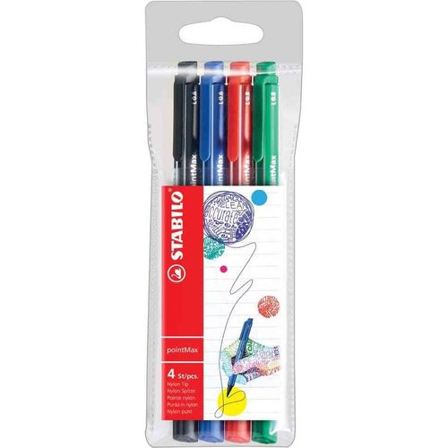 Stabilo Pochette X 4 Stylos-Feutres Stabilo Pointmax - Noir + Bleu + Rouge + Vert
