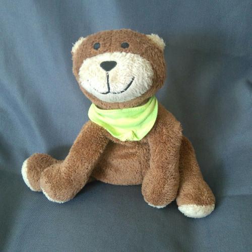 Doudou Ravensburger Ours Marron Billes Grelot Foulard Rayé Vert Jaune