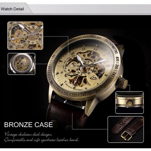 Montre Homme Style Vintage Automatique-Bronze Et Cuir