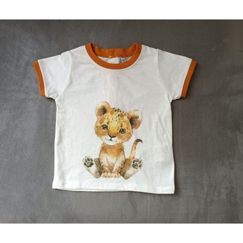 T Shirt Blanc Casse Et Marron. Imprime Lionceau. Taille 12 Mois