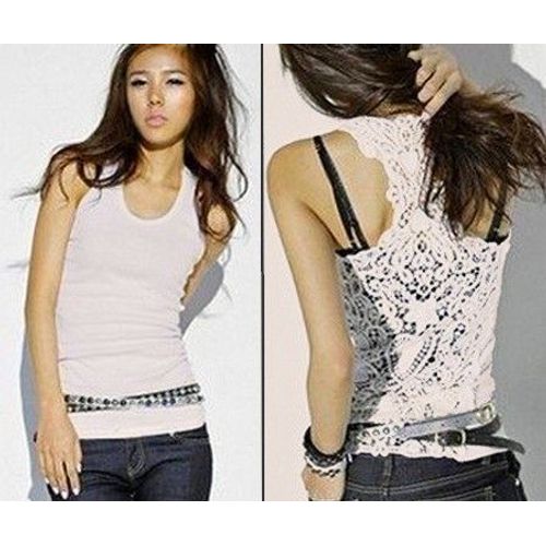 T-Shirt Débardeur Marcel Sexy - Dos Nageur Tout Dentelle Brodé (Broderie) - Taille Unique: S / M -