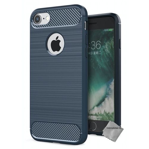 Housse Etui Coque Silicone Gel Carbone Pour Apple Iphone 7 + Verre Trempe - Bleu Fonce
