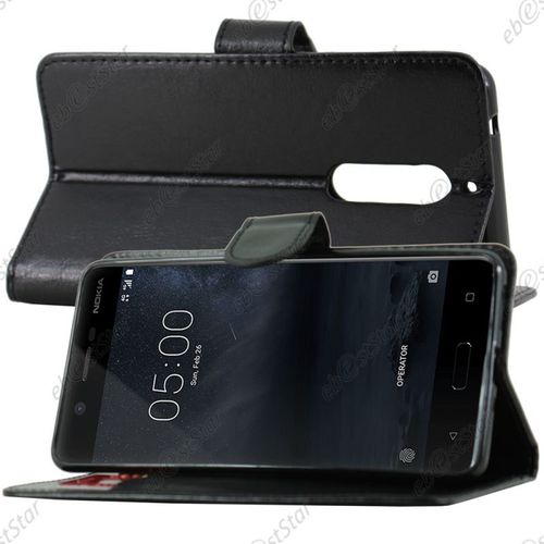 Ebeststar ® Film Protection Écran En Verre Trempé + Etui Portefeuille Housse Coque Folio Book Livre Pour Nokia Nokia 5, Couleur Noir [Dimensions Precises De Votre Appareil : 149.7 X 72.5 X 8 Mm, Écran 5.2''] [Note Importante Lire Description]