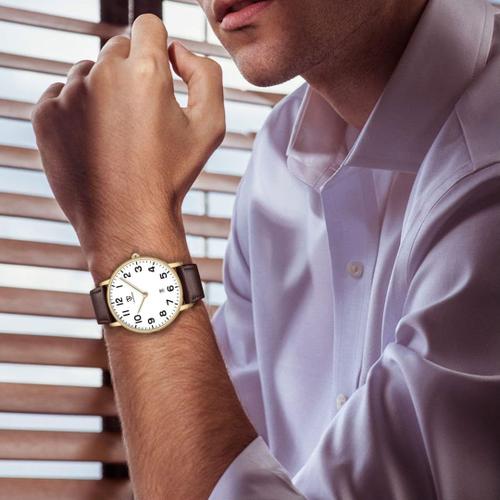 Montre Plate Analogique À Quartz Pour Homme Avec Bracelet En Cuir,Boîtier De 39 Mm, 2 Aiguilles,Date