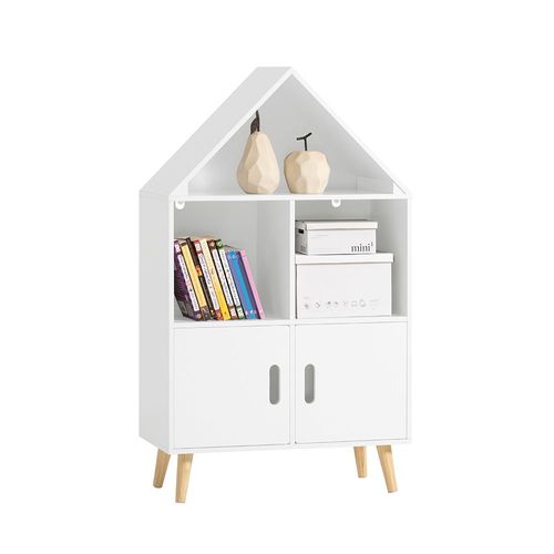 Sobuy Bibliothèque Enfant Étagère De Rangement Pour Livres Et Jouets Étagère À Livres Armoire Meuble De Rangement Sur Pieds Avec 1 Regard De Château, 2 Compartiments Et 2 Portes, 63x30x103 Cm, Kmb58-W