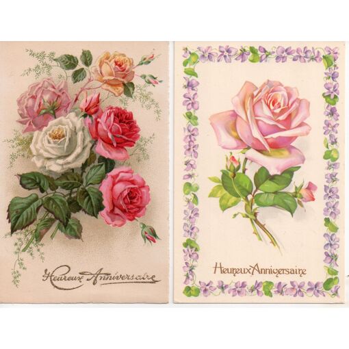 Roses 2 Cartes Anciennes Heureux Anniversaire Rakuten