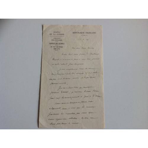 Lettre À Entete Ministere De La Guerre - Direction Des Poudres - Service Des Alcools - 1929