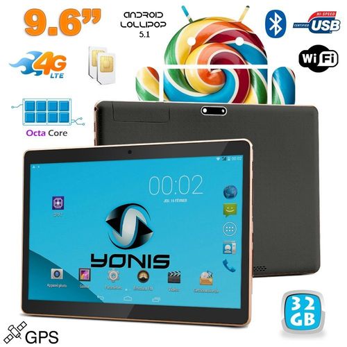 Tablette 4G 9.6 Pouce Android Lollipop Octa Core 2Go Ram Bluetooth GPS 32Go Noir + SD 64Go YONIS