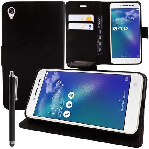 Etui Portefeuille Pour Asus Zenfone Live Zb501kl 5.0" Support Video Cuir Pu - Noir + Stylet