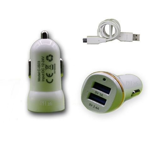 Chargeur Voiture Allume-Cigare Ultra Rapide Car Charger 2x Usb 2100ma + 1000ma (+Câble Offert) Blanc Pour Htc One M8
