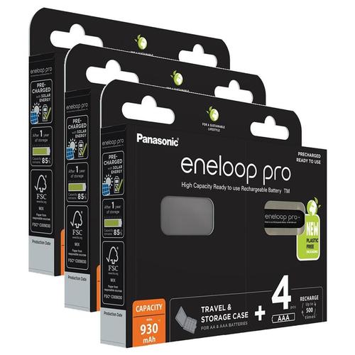 Panasonic Lot de 3 Eneloops Pro 4 Piles Rechargeables NiMh AAA/HR03 930mAh + Boîte