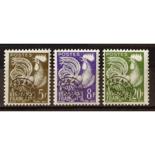 Préoblitéré Coq 5f Brun-Olive (N° 107) + Préoblitéré Coq 8f Violet (N° 109) + Préoblitéré Coq 20f Vert (N° 113) Neufs* - France Année 1953 - N18099