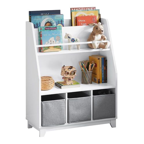 Sobuy Bibliothèque Étagère À Livres Étagère De Rangement Jouets Pour Enfants Porte-Revues Avec Compartiments De Rangement Et 3 Paniers 63x28x80 Cm, Kmb34-W