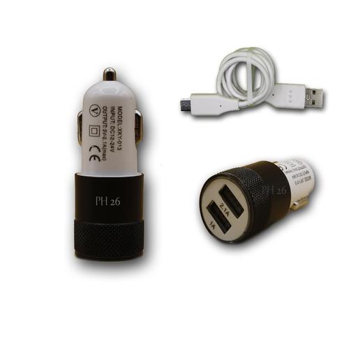 Chargeur Voiture Allume-Cigare Ultra Rapide Car Charger 2x Usb 2100ma + 1000ma (+Câble Offert) Noir Pour Samsung E2600