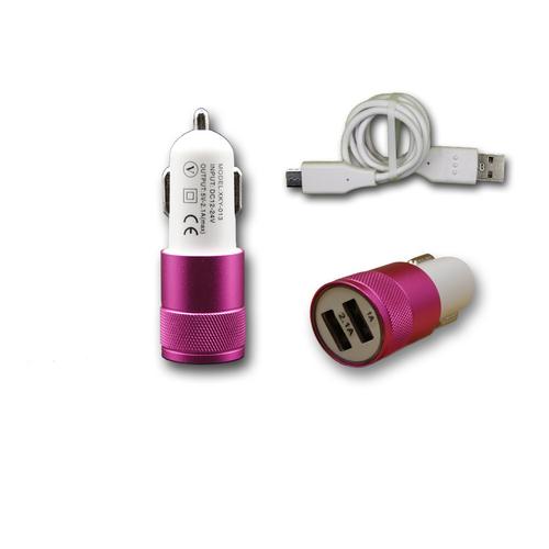 Chargeur Voiture Allume-Cigare Ultra Rapide Car Charger 2x Usb 2100ma + 1000ma (+Câble Offert) Rose Pour Wileyfox Spark + By Ph26®