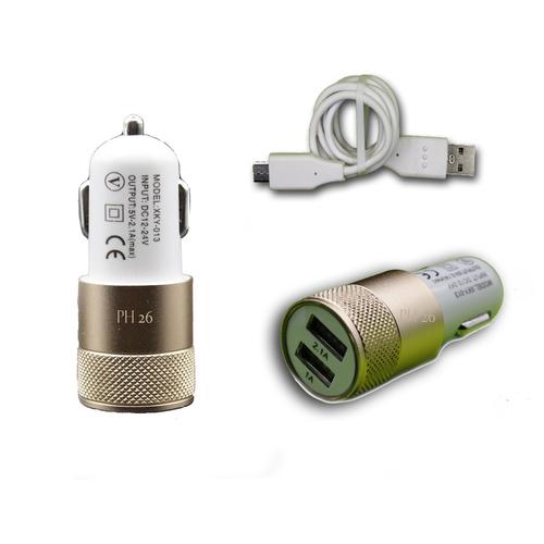 Chargeur Voiture Allume-Cigare Ultra Rapide Car Charger 2x Usb 2100ma + 1000ma (+Câble Offert) Or Gold Pour Wileyfox Spark + By Ph26®