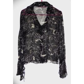Chemisier En Voile Beige Et Noir. Imprimé Fleurs. Burton. Polyester. Taille 38 / 40