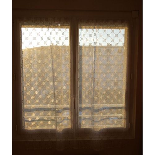 Paire De Rideaux / Vitrage 70 X 150 Mm. Motifs Petites Fleurs Blanc/Beige. Idéal Pour Chambre. Avec Ruban Passe Tringle