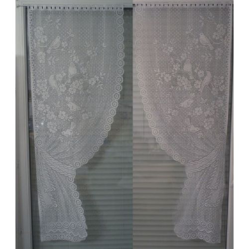 Paire De Rideaux / Vitrage 60 X 160 Mm. Blanc. Motif Oiseaux. Oeillets Passe Tringle.