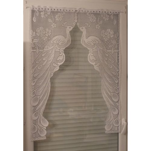 Superbe Rideau / Vitrage Motif Paons. 45 X 120 Cm X 2. Tbe. Oeillets Passe Tringle. Blanc.