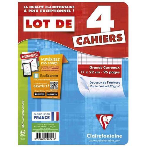 Clairefontaine Lot De 4 Cahiers Piqués 170 X 220 Mm 96 Pages 90g Séyès Grands Carreaux