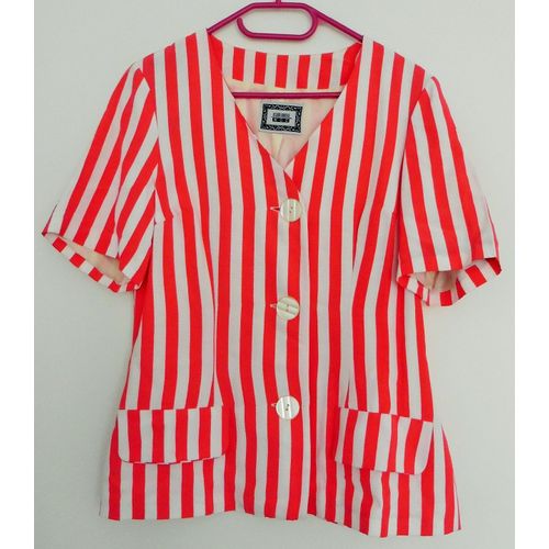 Veste Rayée Blanc Et Rose. Manches Courtes. Promod. Viscose. Taille 38