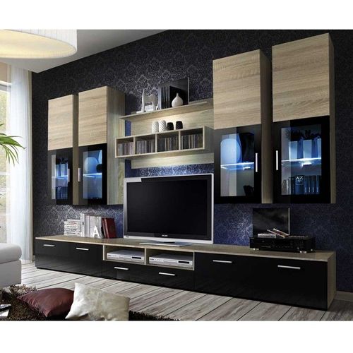 Meuble Tv Mural Design "Lyra" 300cm Chêne & Noir