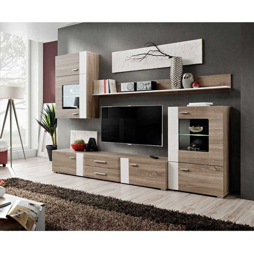 Meuble Tv Mural Design "Aleppo" 240cm Chêne & Blanc