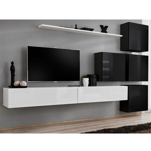 Meuble Tv Mural Design "Switch Ix" 310cm Blanc & Noir