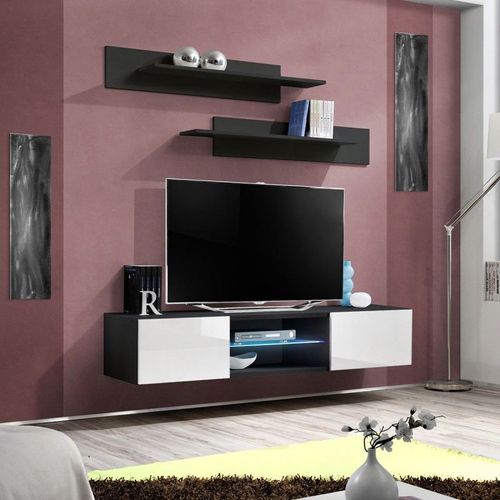 Meuble Tv Mural Design "Fly Iii" 160cm Blanc & Noir