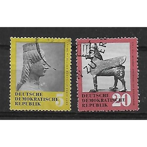 Allemagne Ddr 1959 : Reproductions De Trésors Artistiques Restitués Par L'u.R.S.S. : Tête D'une Déesse Attique / Figure De Bronze De Toprak-Kale, Arménie - Série De 2 Timbres Oblitérés
