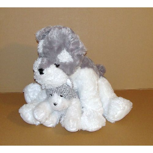 Doudou Chien Gris Blanc Avec Son Petit Peluche Chien 50 Cm Assis