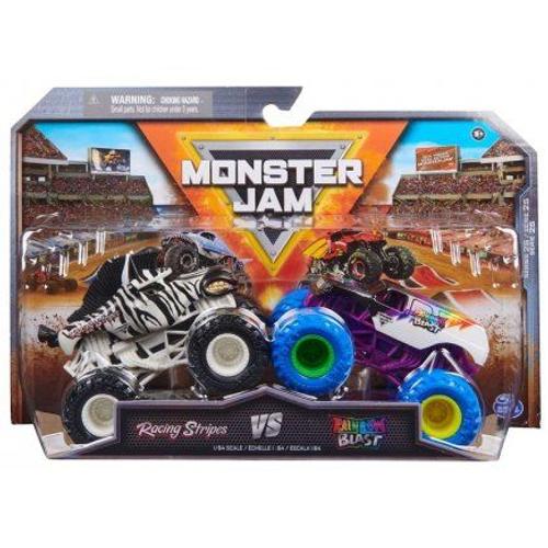 Monster Jam Trucks - Pack 2 Vehicules Racing Stripes Vs Rainbow Blast 1/64, Metal, Collector - Set Camion Show + Carte Animaux